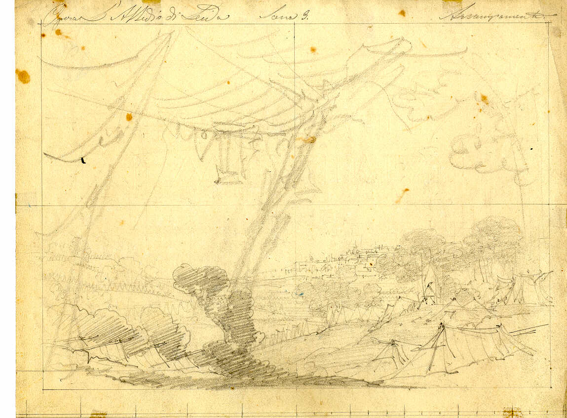 Accampamento spagnolo, veduta di accampamento militare (disegno, opera isolata) di Ferrario Carlo (sec. XIX)