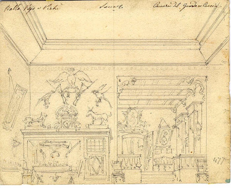 Camera del guardiacaccia, interno di sala di casa di campagna (disegno, opera isolata) di Ferrario Carlo (sec. XIX)