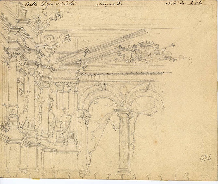 Sala da ballo, interno di salone (disegno, opera isolata) di Ferrario Carlo (sec. XIX)