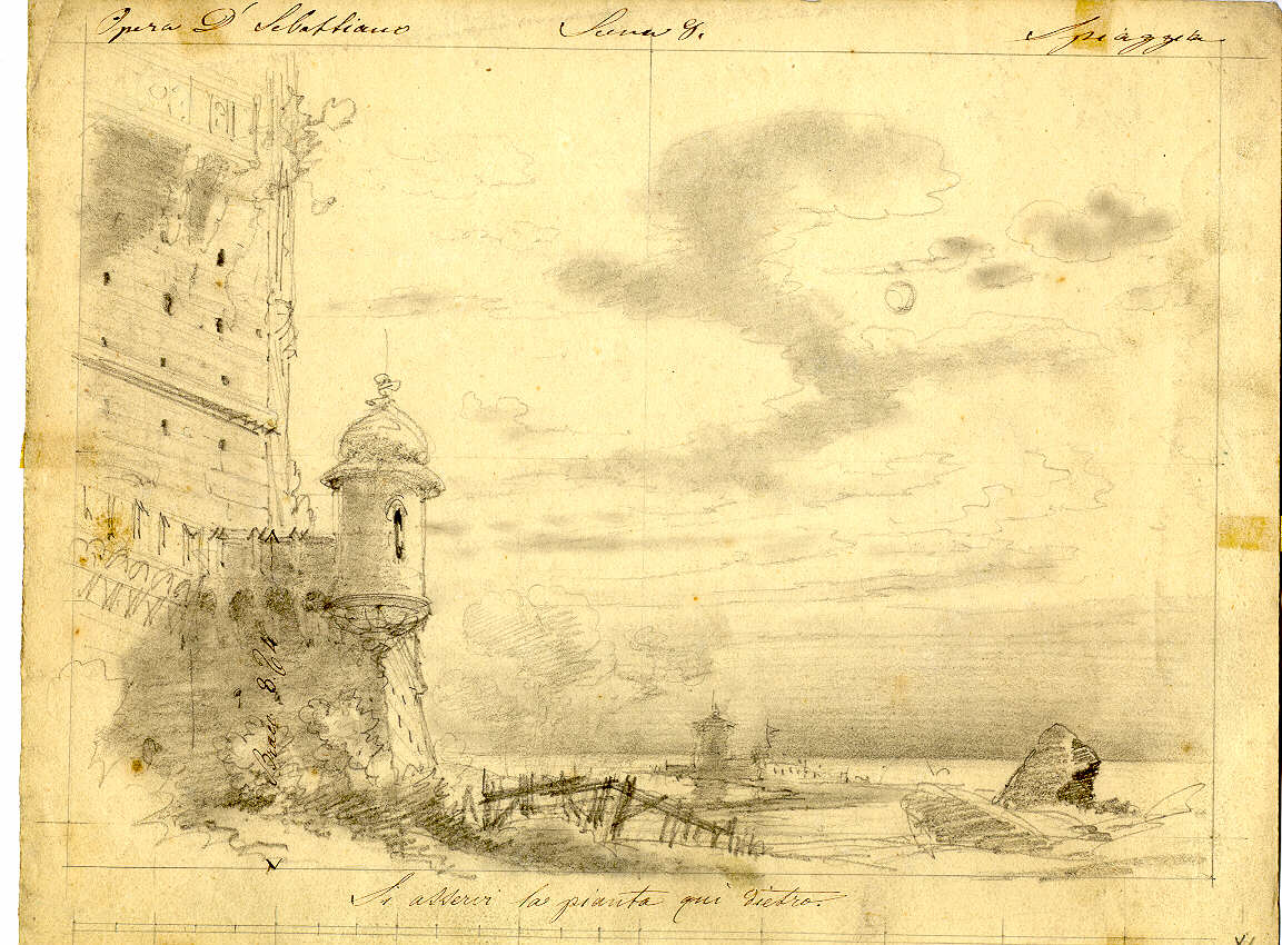 Terrazzo esterno della Torre di Lisbona che dà sul mare, veduta di spiaggia con spalti di fortezza (disegno, opera isolata) di Ferrario Carlo (sec. XIX)