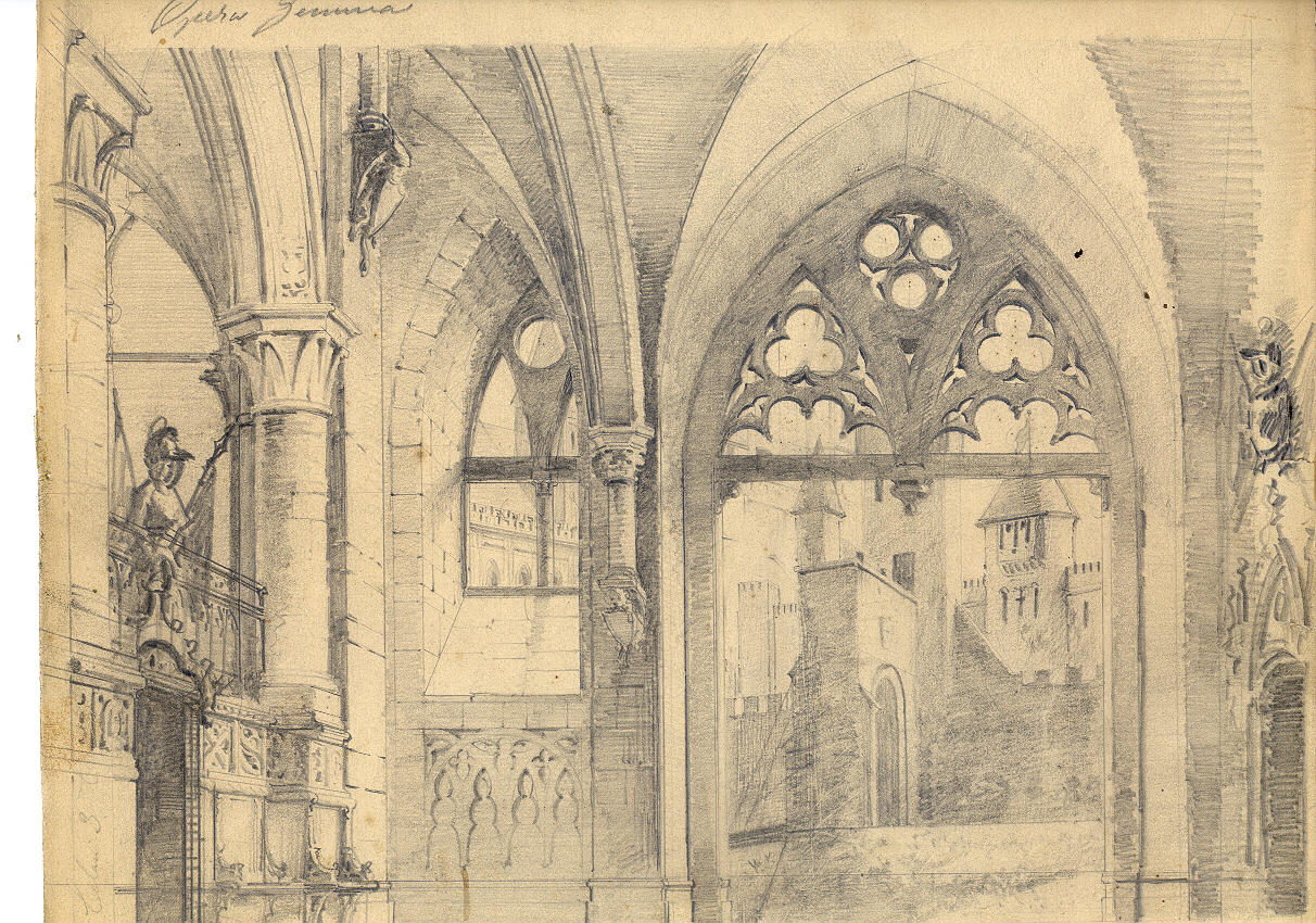 Sala gotica con logge da cui si scopre un ponte levatoio, interno di salone (disegno, opera isolata) di Ferrario Carlo (sec. XIX)