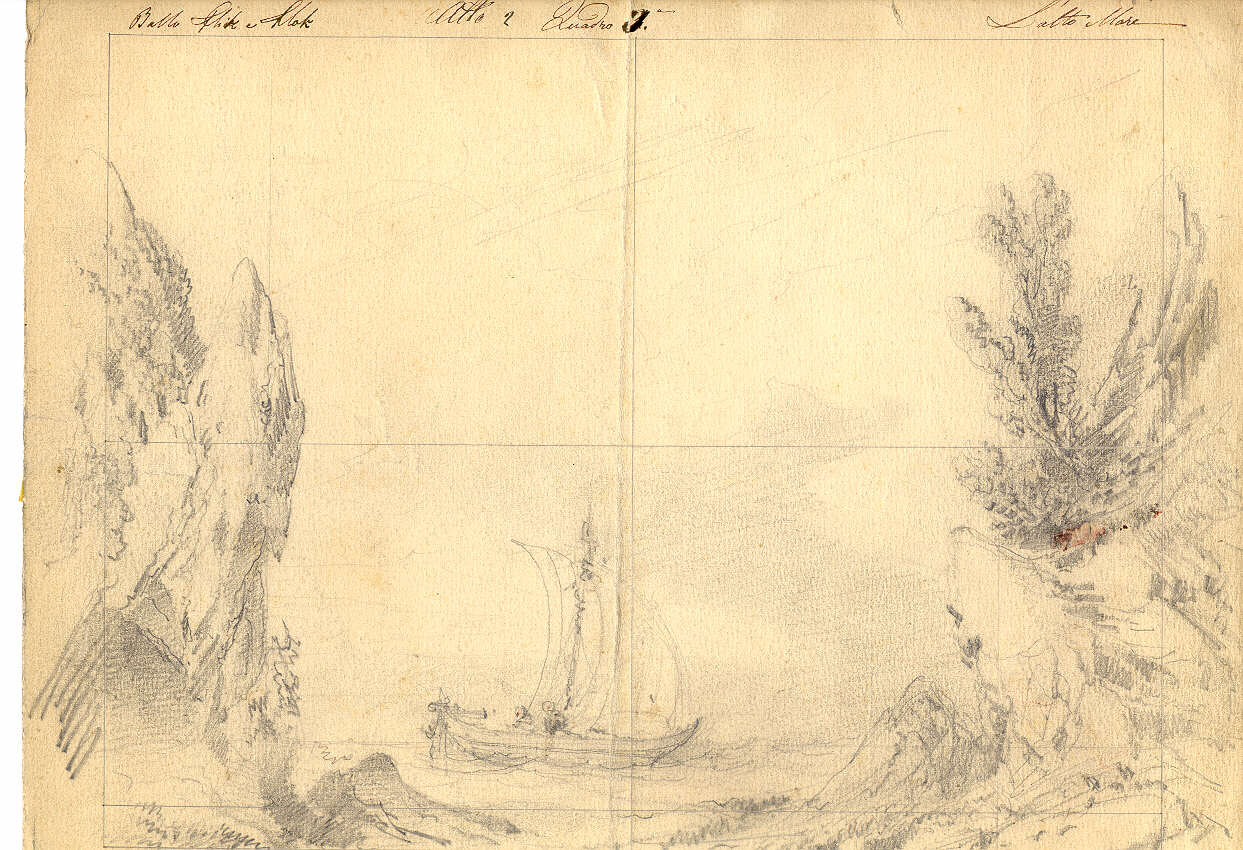 Spiaggia di mare, paesaggio marino con barca / motivi decorativi (disegno, opera isolata) di Ferrario Carlo (sec. XIX)