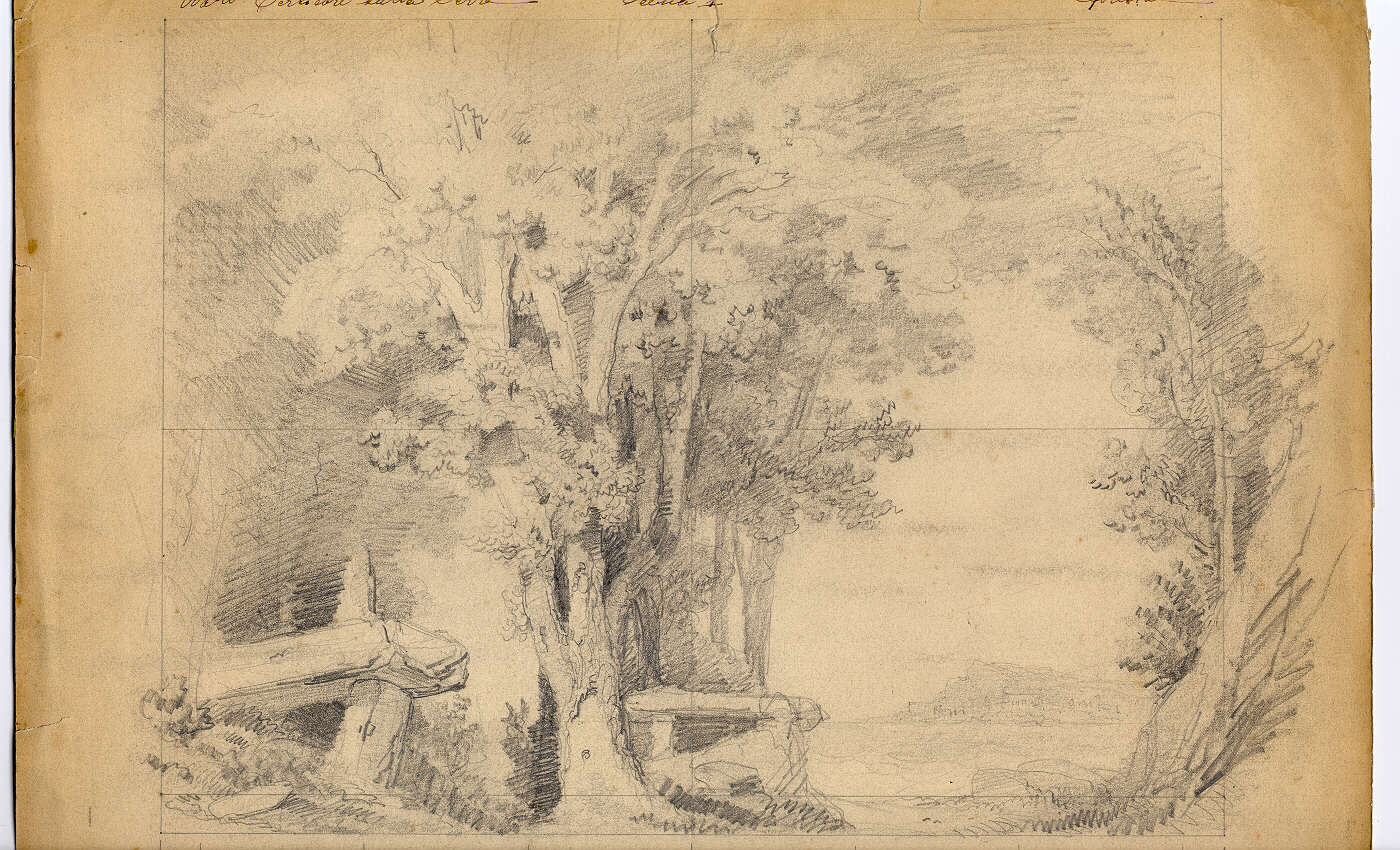 Foresta, paesaggio boscoso con sfondo marino (disegno, opera isolata) di Ferrario Carlo (sec. XIX)