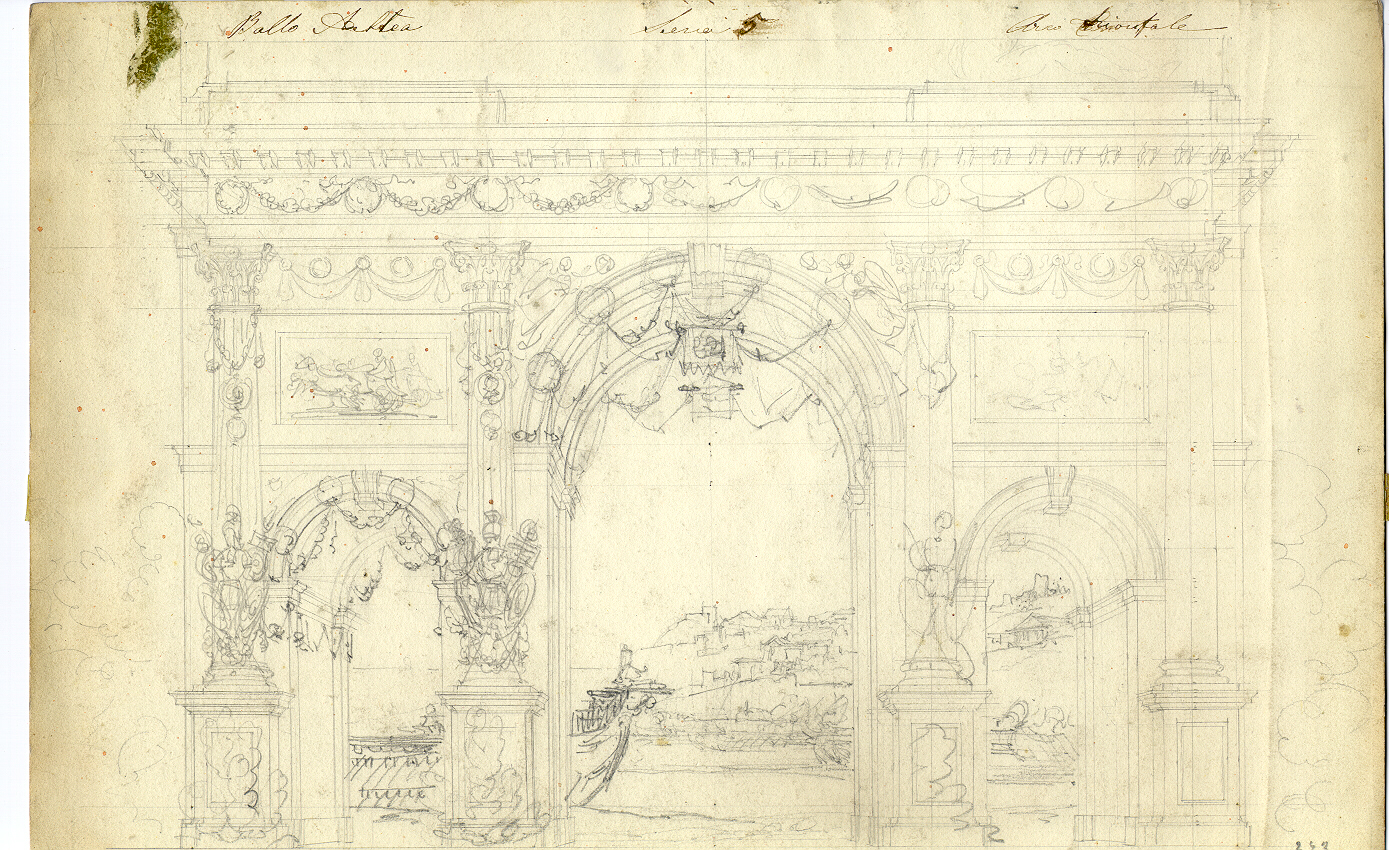 Porta di Baja. Arco trionfale, Arco trionfale con cornice architettonica e motivi decorativi (disegno, opera isolata) di Ferrario Carlo (sec. XIX)