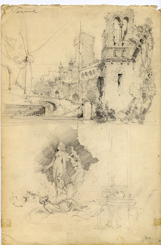 Giardini imperiali e statue femminili, veduta di città/ gruppo scultoreo (disegno, opera isolata) di Ferrario Carlo (sec. XIX)