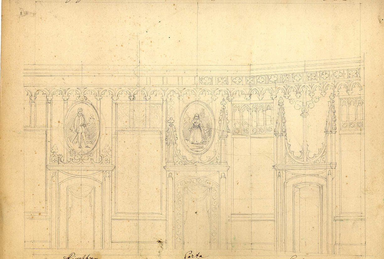 Camera gotica ornata di quadri, interno di sala gotica (disegno, opera isolata) di Ferrario Carlo (sec. XIX)