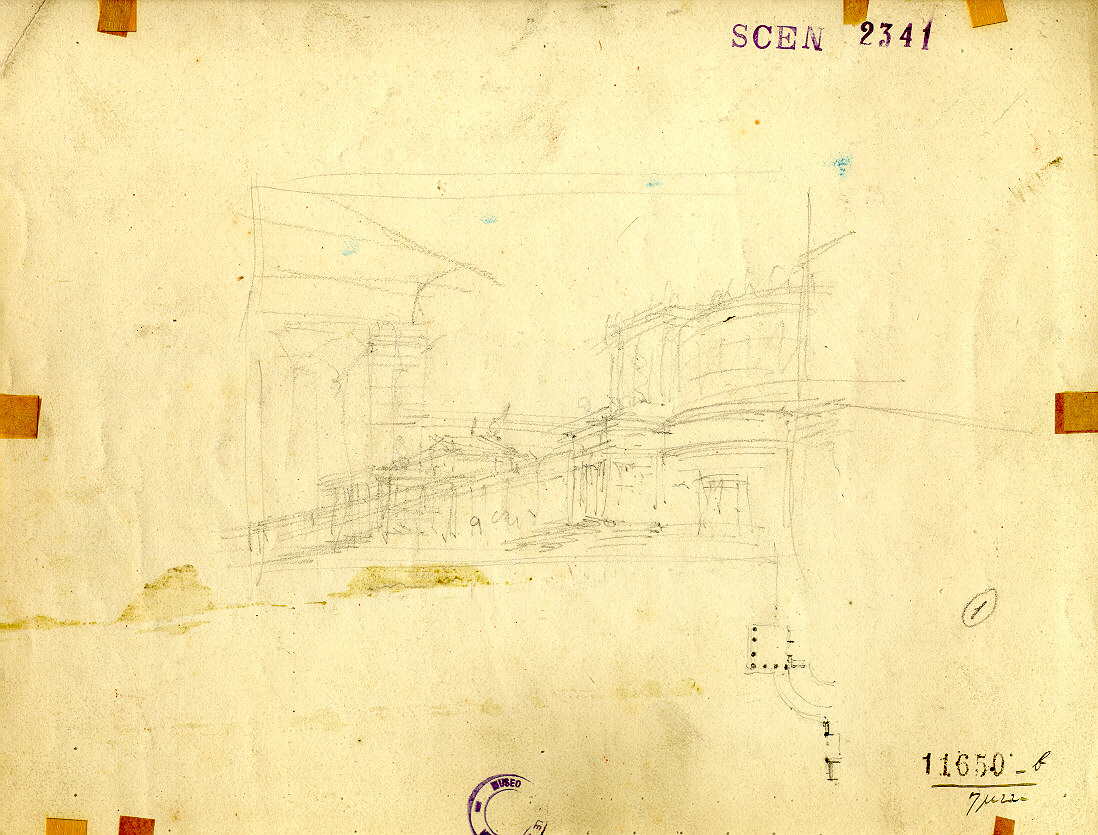 Esterno del circo, veduta da lontano del circo (disegno, opera isolata) di Ferrario Carlo (sec. XIX)