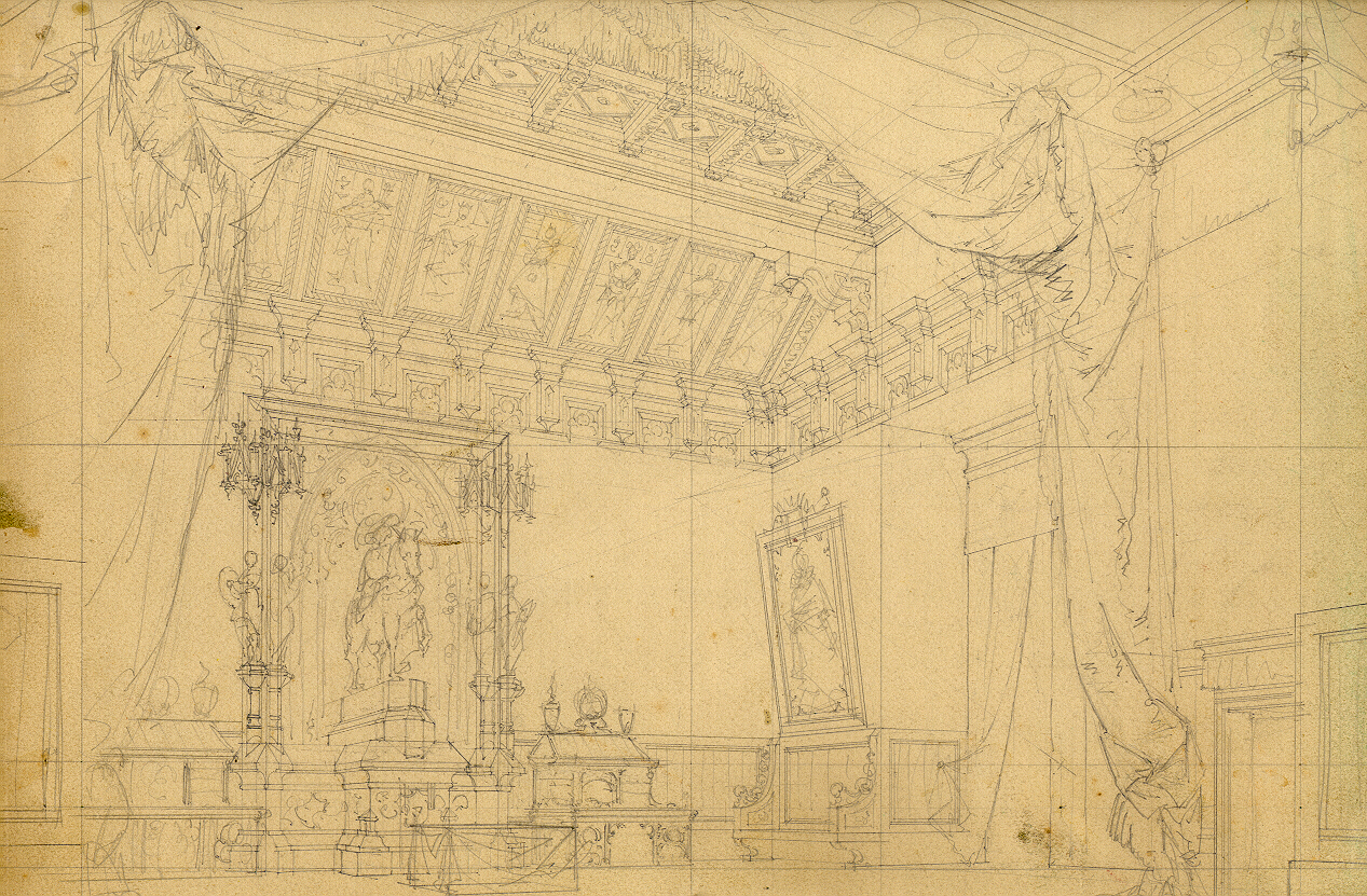 Gabinetto del conte Alberto, Interno di salone (disegno, opera isolata) di Ferrario Carlo (sec. XIX)