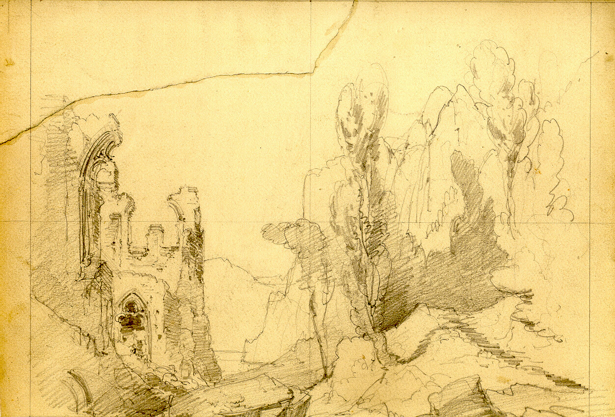 Rovine presso il castello di Walhaim, paesaggio con rovine (disegno, opera isolata) di Ferrario Carlo (sec. XIX)