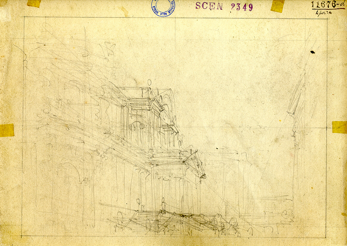 Interno del maggior tempio di Modain, facciata di tempio (disegno, opera isolata) di Ferrario Carlo (sec. XIX)