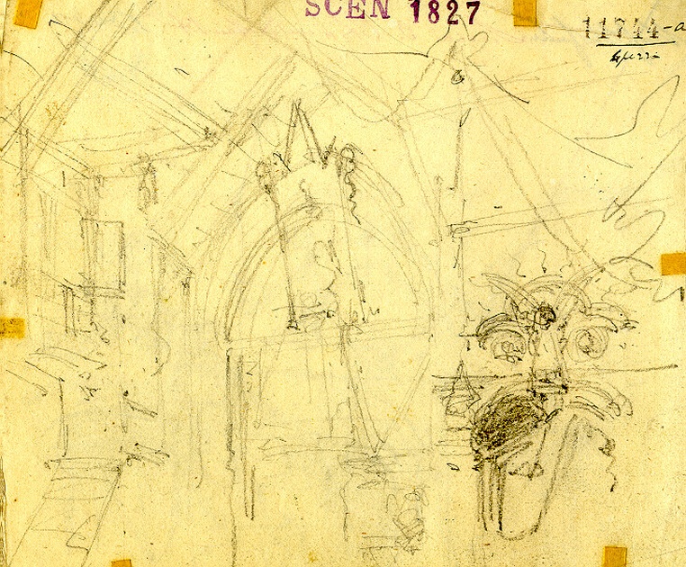 Officina di Faust, interno di laboratorio (disegno, opera isolata) di Ferrario Carlo (sec. XIX)