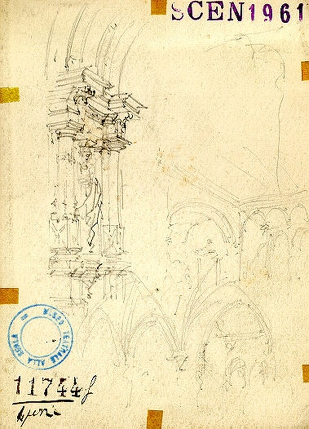 Atrio nel palazzo di Faust, interno di palazzo (disegno, opera isolata) di Ferrario Carlo (sec. XIX)