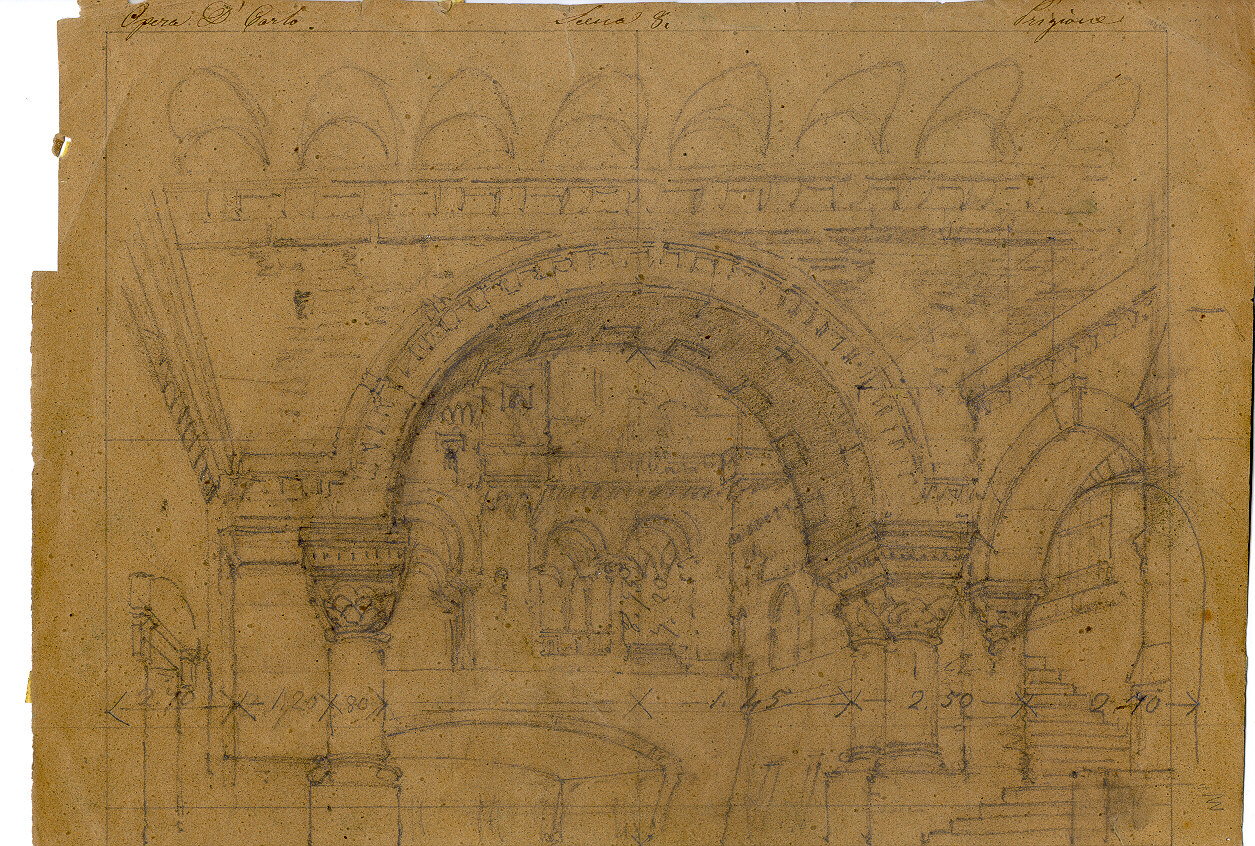 La prigione di Don Carlo, interno di sotterraneo (disegno, opera isolata) di Ferrario Carlo (sec. XIX)