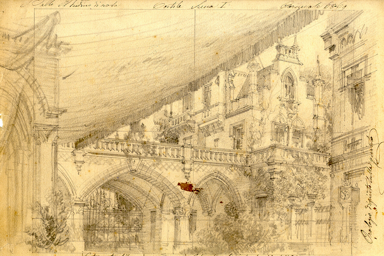 Cortile porticato, veduta di palazzo con giardino (disegno, opera isolata) di Ferrario Carlo (sec. XIX)