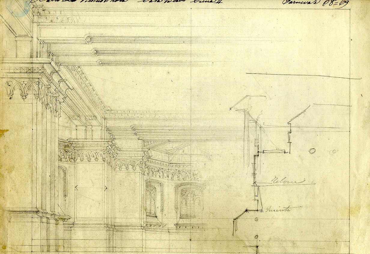 Sala da ballo, interno di sala gotica/ interno con motivi decorativi architettonici (disegno, opera isolata) di Ferrario Carlo (sec. XIX)