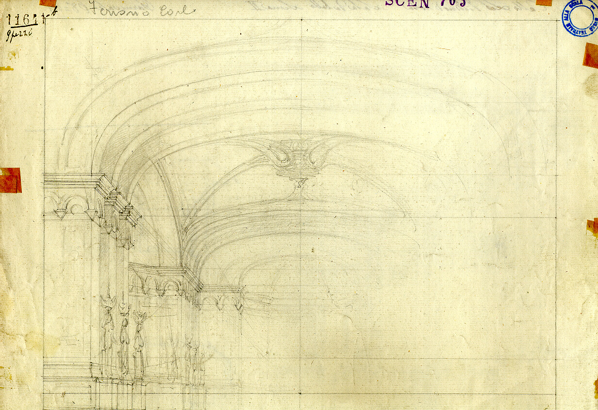 Sala da ballo, interno con motivi decorativi architettonici (disegno, opera isolata) di Ferrario Carlo (sec. XIX)