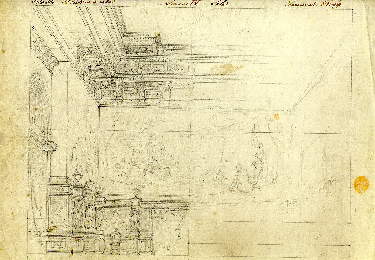 Sala, interno con elementi decorativi (disegno, opera isolata) di Ferrario Carlo (sec. XIX)