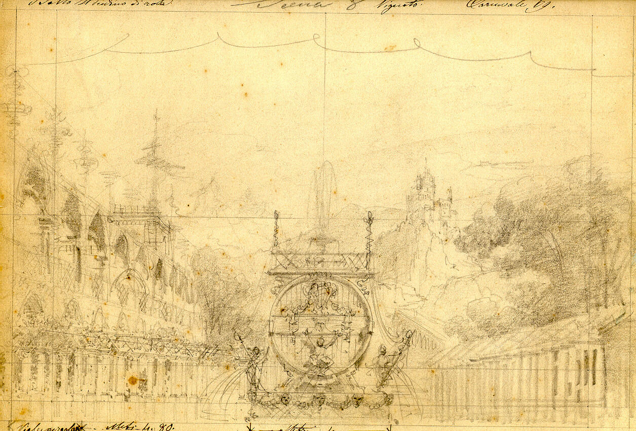 Vigneto, giardino con fontana/ motivi decorativi architettonici (disegno, opera isolata) di Ferrario Carlo (sec. XIX)