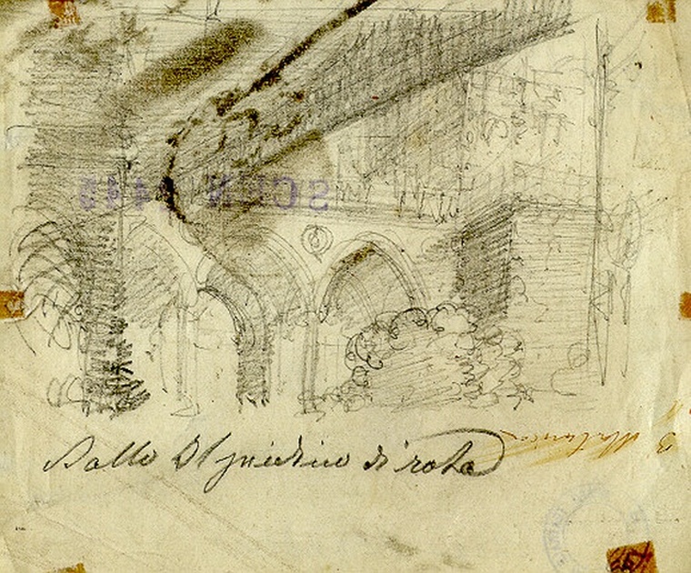 Cortile con porticato, paesaggio con architetture (disegno, opera isolata) di Ferrario Carlo (sec. XIX)