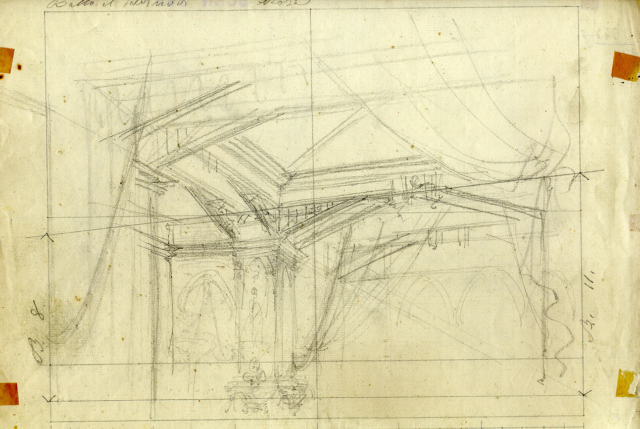 Interno con tendaggi, interno di sala/ interno di sala gotica (disegno, opera isolata) di Ferrario Carlo (sec. XIX)