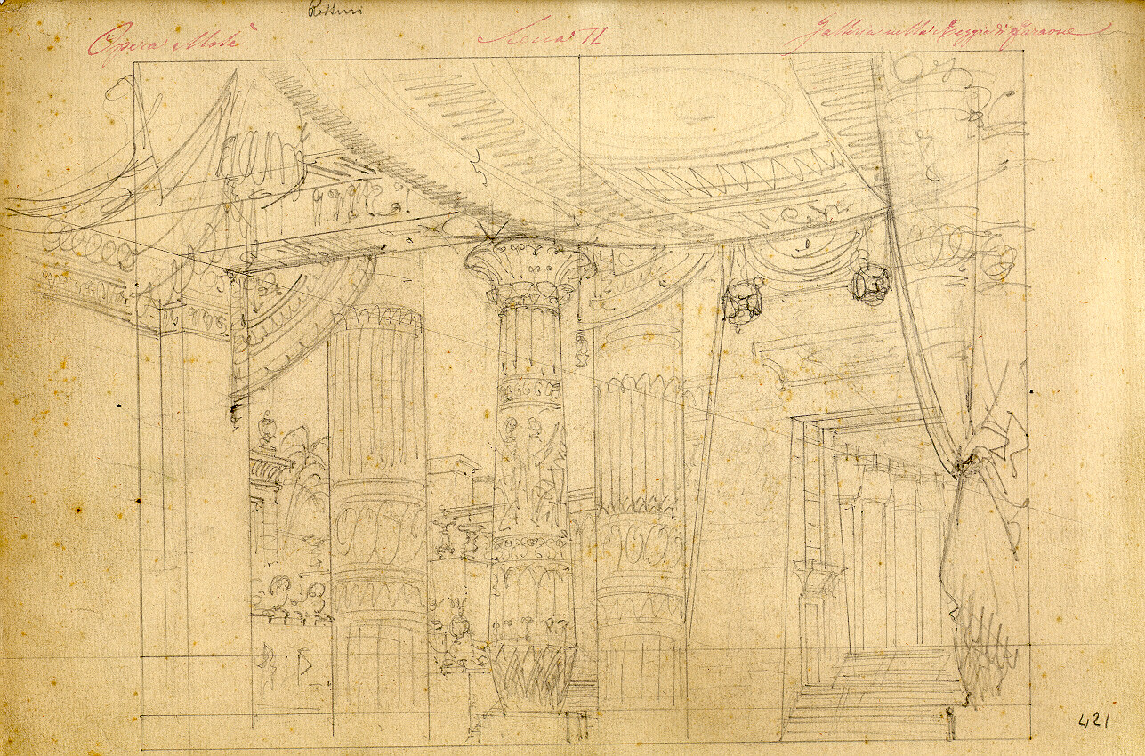 Galleria interna nella reggia di Faraone, interno di palazzo con elementi decorativi (disegno, opera isolata) di Ferrario Carlo (sec. XIX)