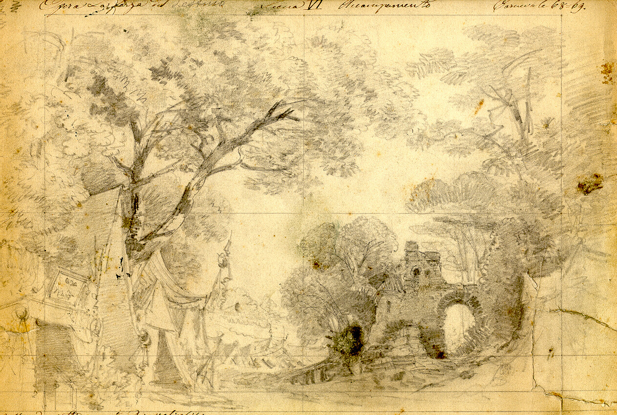 Accampamento militare presso Velletri, paesaggio con architetture (disegno, opera isolata) di Ferrario Carlo (sec. XIX)