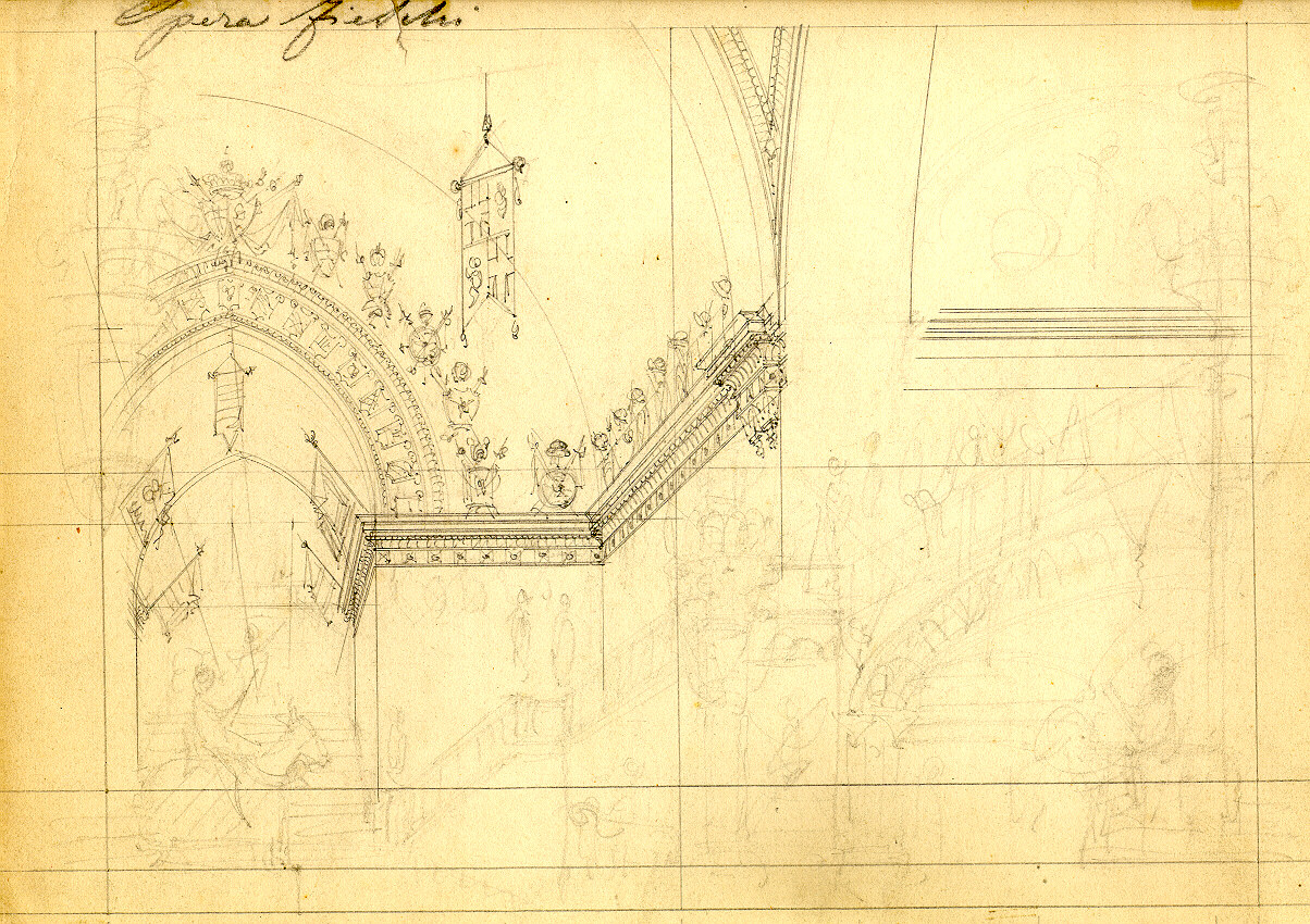 Sala d'armi nel castello dei Fieschi, Interno di palazzo (sala d'armi)/ interno di sala (disegno, opera isolata) di Ferrario Carlo (sec. XIX)