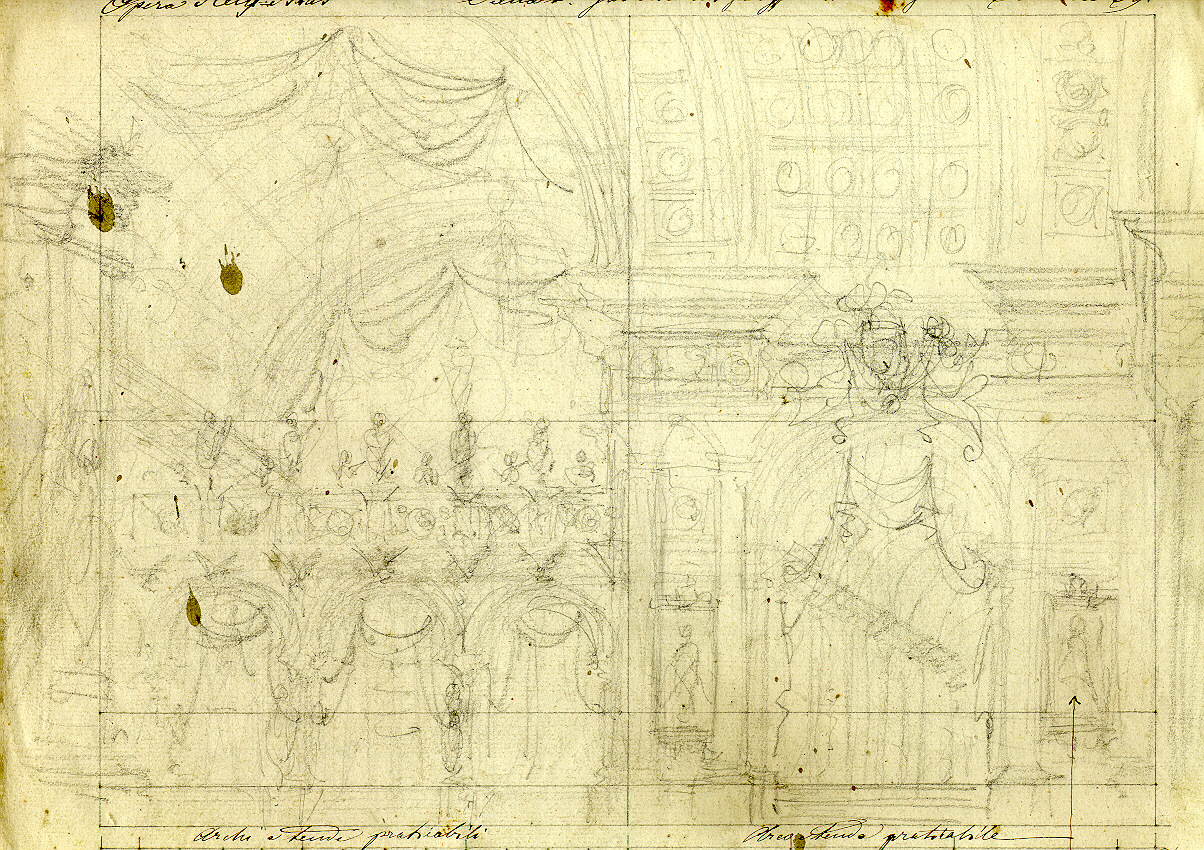 Galleria nel palazzo reale di Madrid, interno con elementi decorativi (disegno, opera isolata) di Ferrario Carlo (sec. XIX)