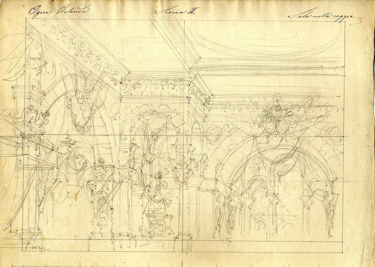 Sala nella reggia, interno (sala reale) (disegno, opera isolata) di Ferrario Carlo (sec. XIX)
