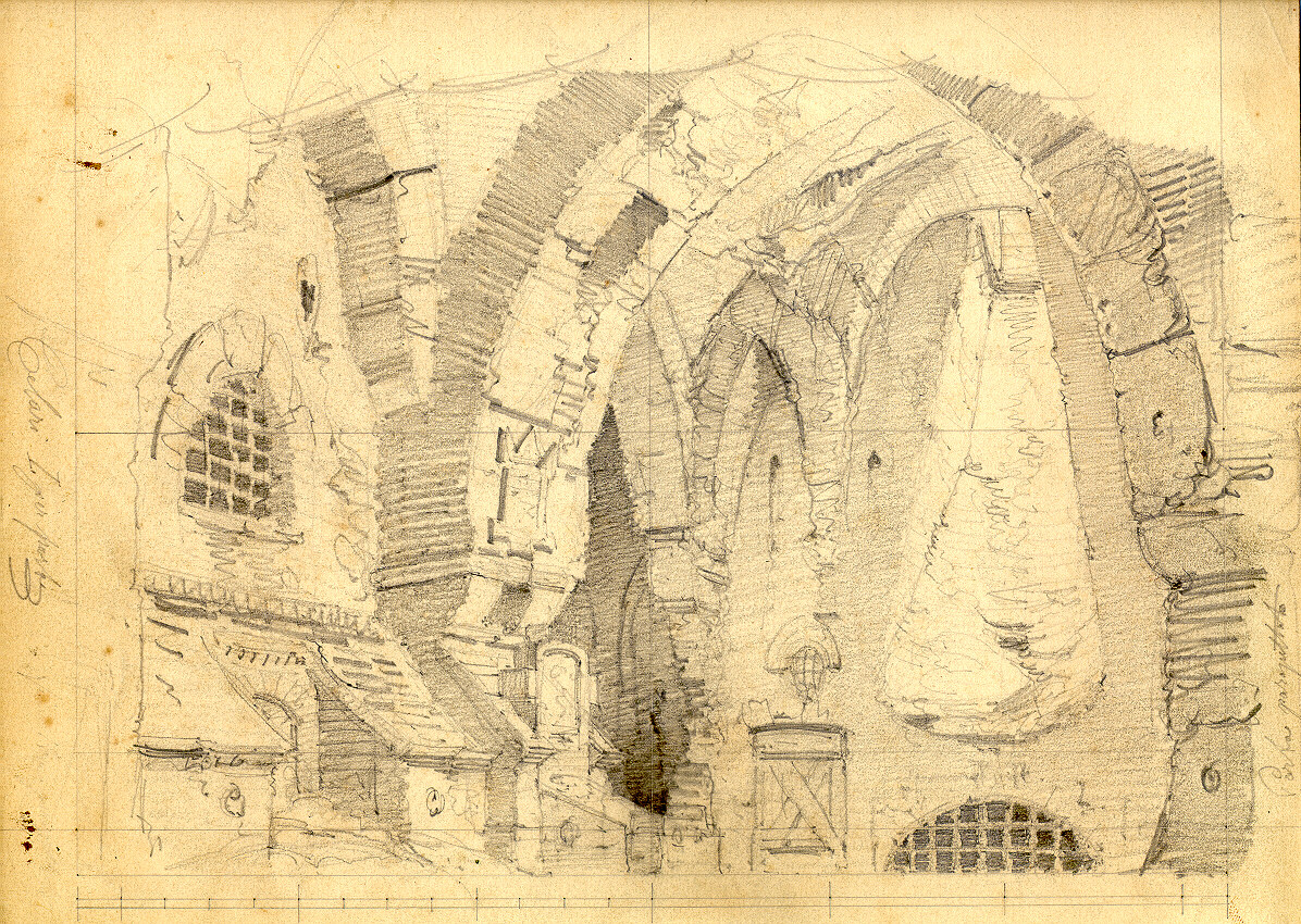 Vecchia prigione nella rocca di Anvessa, interno di prigione/ figura maschile (disegno, opera isolata) di Ferrario Carlo (sec. XIX)