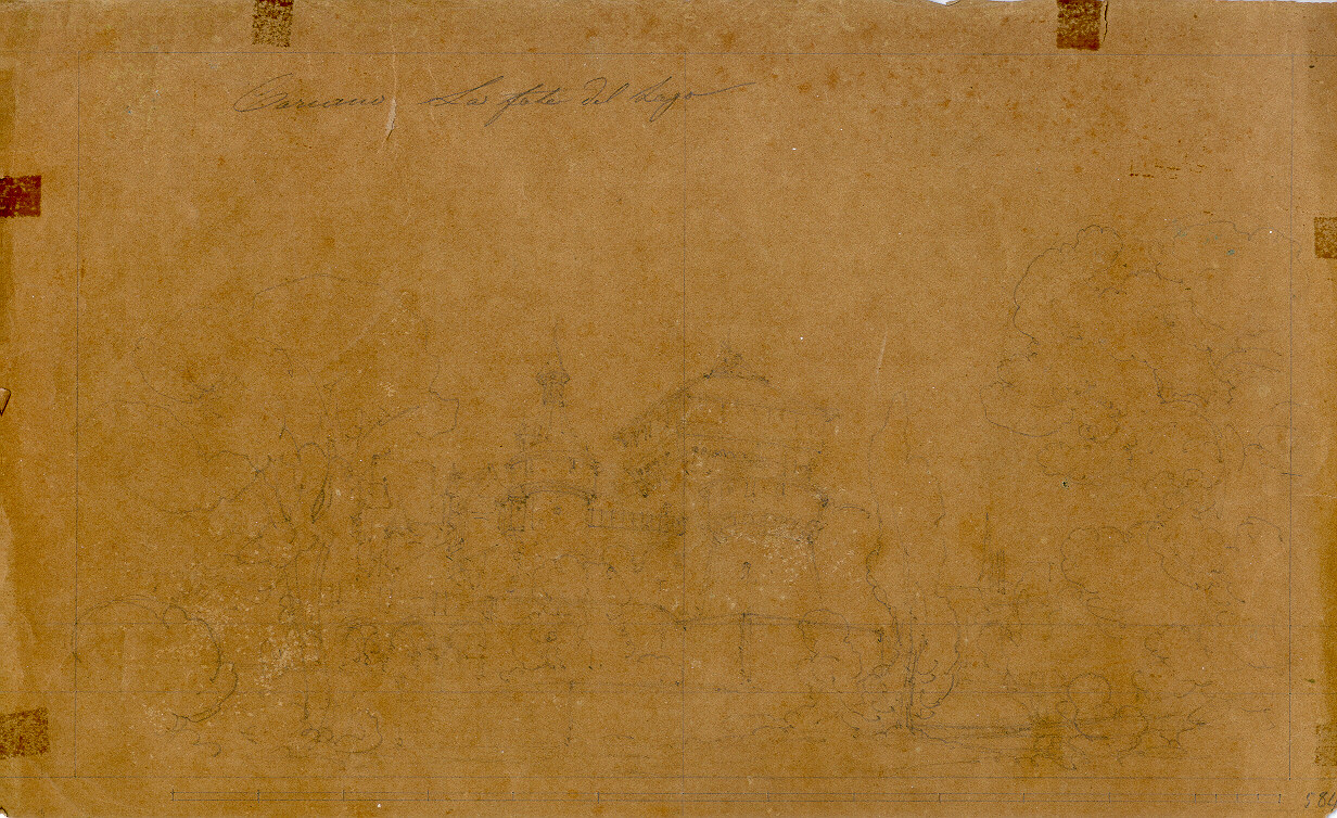 Castello visto da un parco, paesaggio con castello (disegno, opera isolata) di Ferrario Carlo (sec. XIX)