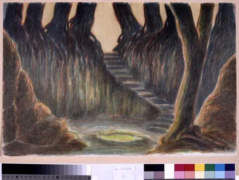 Paesaggio con scalinata, radura boscosa (disegno, opera isolata) di Tamberlani Ferdinando (sec. XX)