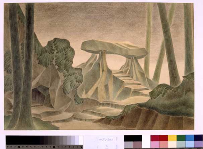 paesaggio montano con altare rupestre (disegno, opera isolata) di Tamberlani Ferdinando (sec. XX)