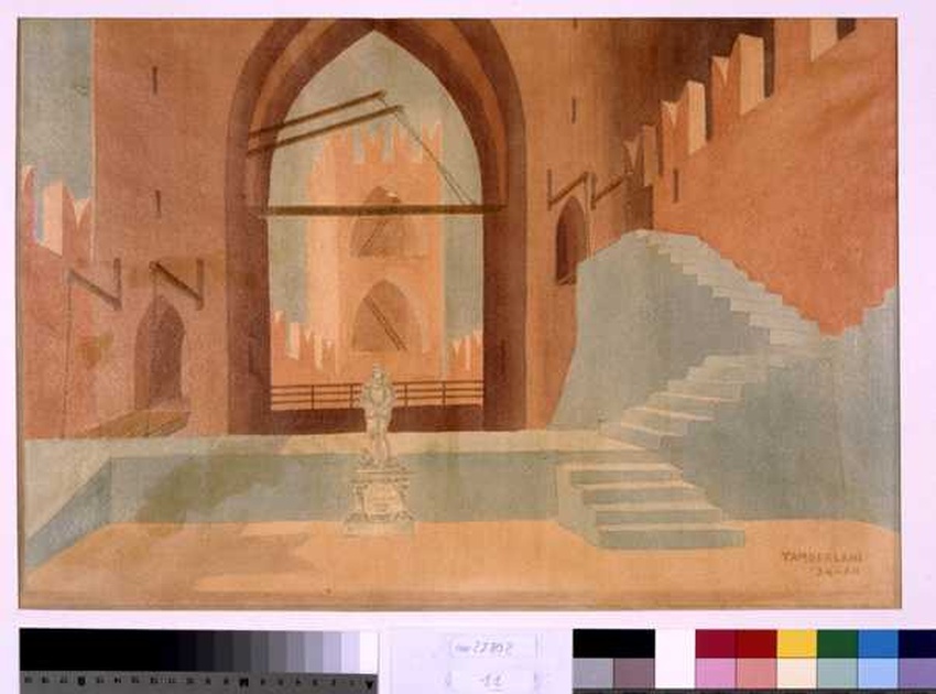 spalti di castello, paesaggio con torri e mura merlate (disegno, opera isolata) di Tamberlani Ferdinando (sec. XX)