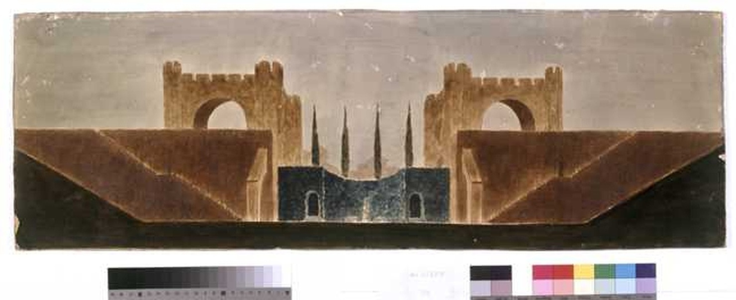 Mura urbiche e giardino, veduta di città e giardino (disegno, opera isolata) di Tamberlani Ferdinando (sec. XX)