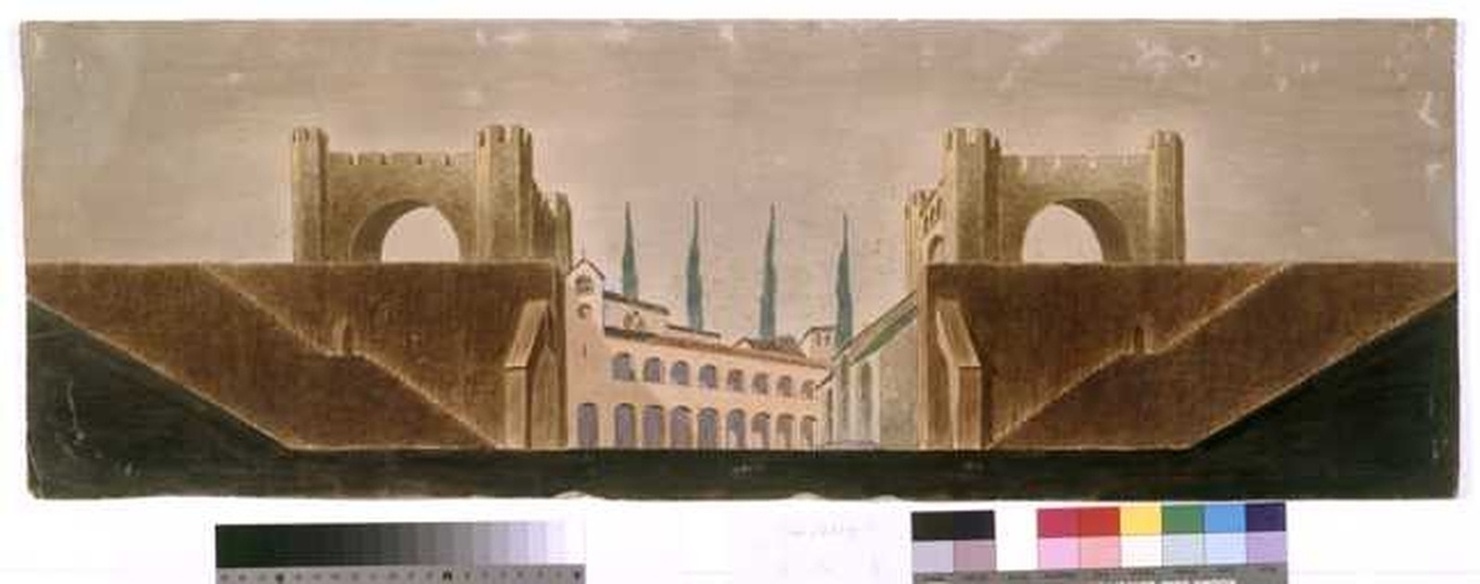 Mura urbiche e piazza cittadina, veduta di città (disegno, opera isolata) di Tamberlani Ferdinando (sec. XX)