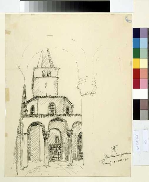 Basilica Eufrosiana a Parenzo, veduta della basilica Eufrosiana a Parenzo (disegno, opera isolata) di Tamberlani Ferdinando (sec. XX)