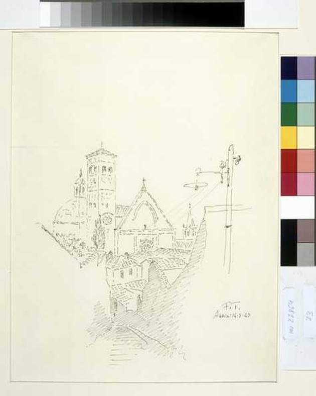 veduta della chiesa di San Francesco ad Assisi (disegno, opera isolata) di Tamberlani Ferdinando (sec. XX)