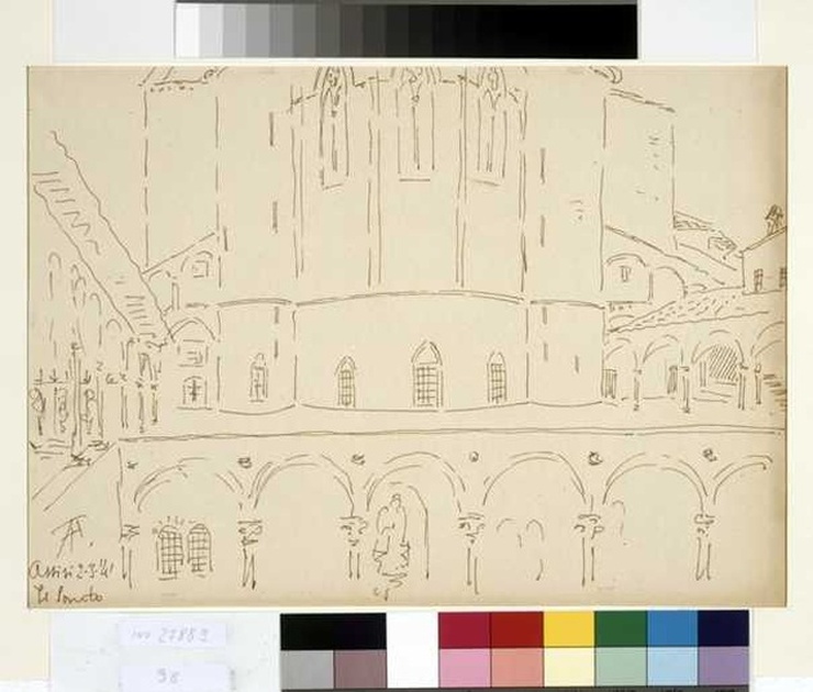 veduta della chiesa di San Francesco ad Assisi (disegno, opera isolata) di Tamberlani Ferdinando (sec. XX)