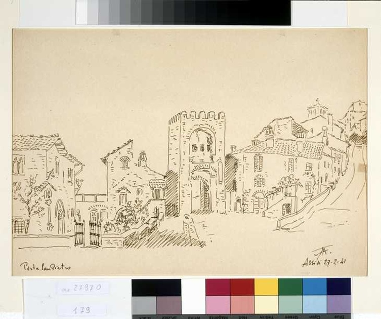 veduta della Porta San Pietro ad Assisi (disegno, opera isolata) di Tamberlani Ferdinando (sec. XX)