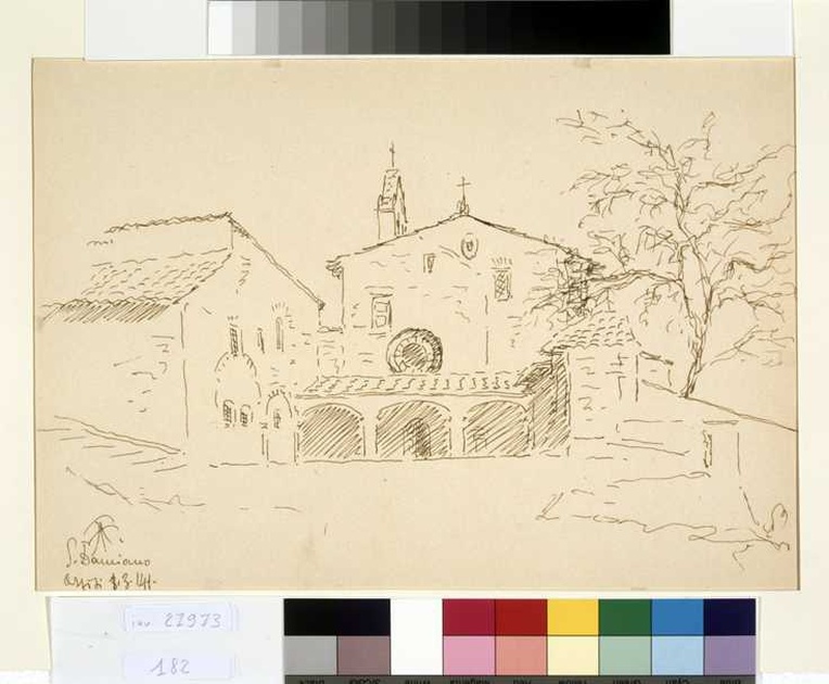 veduta della chiesa di San Damiano ad Assisi (disegno, opera isolata) di Tamberlani Ferdinando (sec. XX)