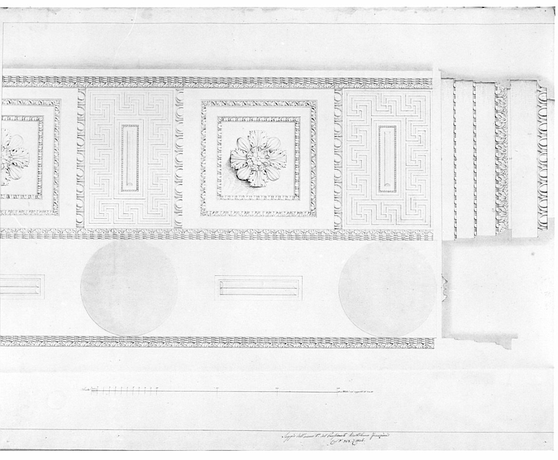 Pianta e sezione del soffitto del peristilio, architettura: tempio di Marte Ultore (disegno, opera isolata) di Franzini Bartolomeo (sec. XIX)