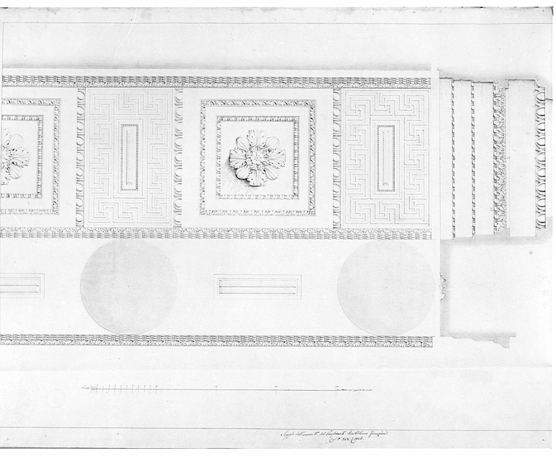 Pianta e sezione del soffitto del peristilio, architettura: tempio di Marte Ultore (disegno, opera isolata) di Franzini Bartolomeo (sec. XIX)