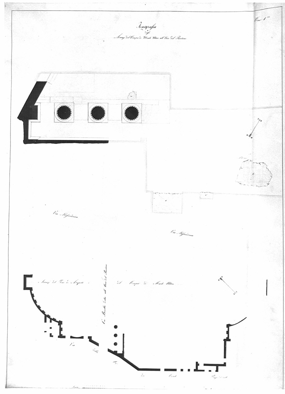 Planimetria generale dei resti del Foro di Augusto e pianta delle rovine del tempio, architettura: tempio di Marte Ultore (disegno, opera isolata) di Franzini Bartolomeo (sec. XIX)