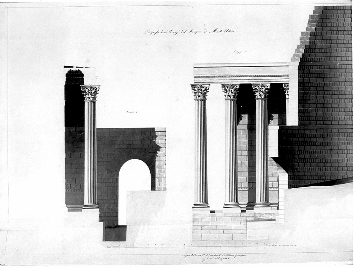 Sezione e prospetto, architettura: tempio di Marte Ultore (disegno, opera isolata) di Franzini Bartolomeo (sec. XIX)