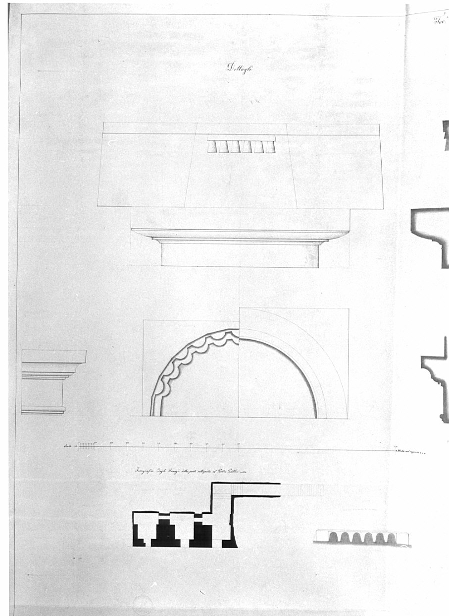 Pianta del livello sottostante al Portico Pubblico e dettagli dell'ordine architettonica, architettura: Tabulario (disegno, opera isolata) di Franzini Bartolomeo (sec. XIX)