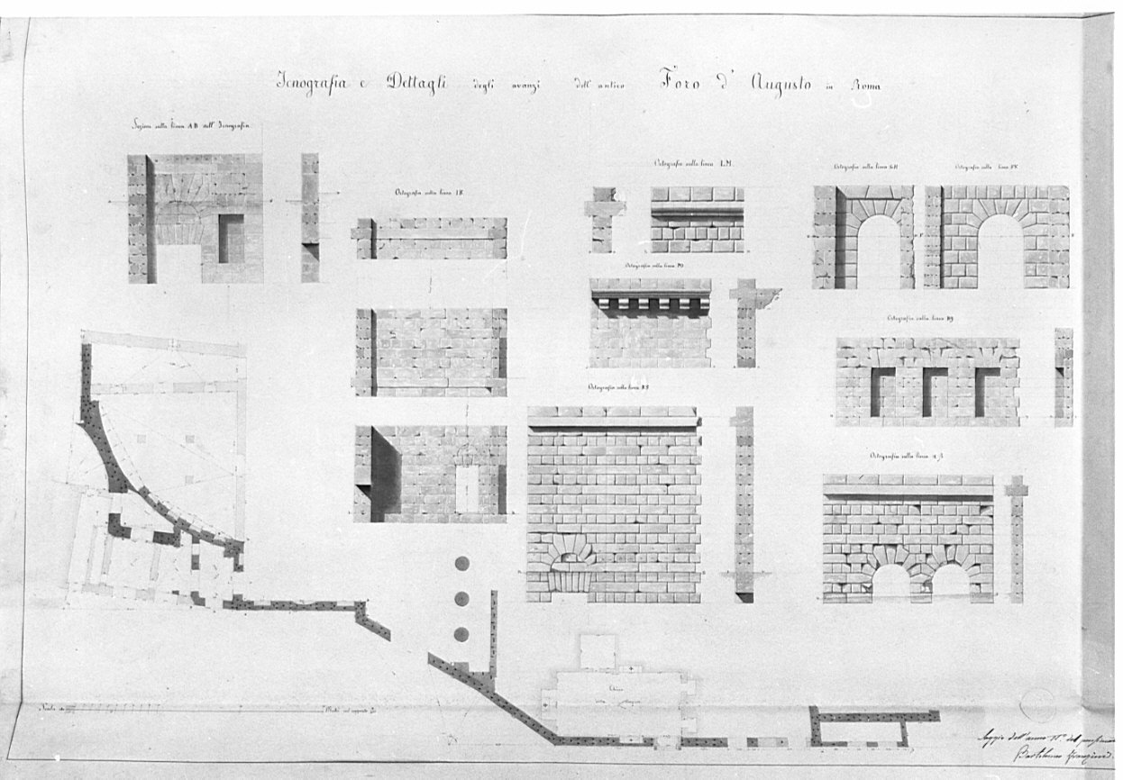 Planimetria generale, prospetti e sezioni di particolari murari, architettura: Foro di Augusto (disegno, opera isolata) di Franzini Bartolomeo (sec. XIX)