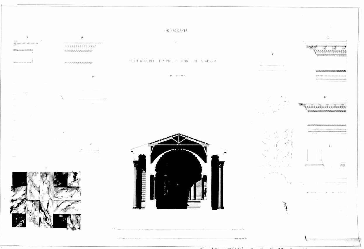 Sezioni e particolari, architettura: Foro di Augusto e Tempio di Marte Ultore (disegno, opera isolata) di Franzini Bartolomeo (sec. XIX)