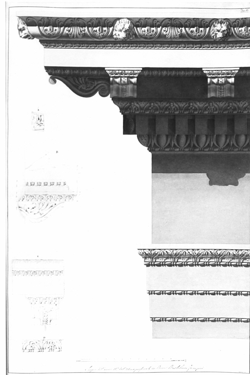 Ortografia e particolari della trabeazione, architettura: Tempio di Marte Ultore (disegno, opera isolata) di Franzini Bartolomeo (sec. XIX)