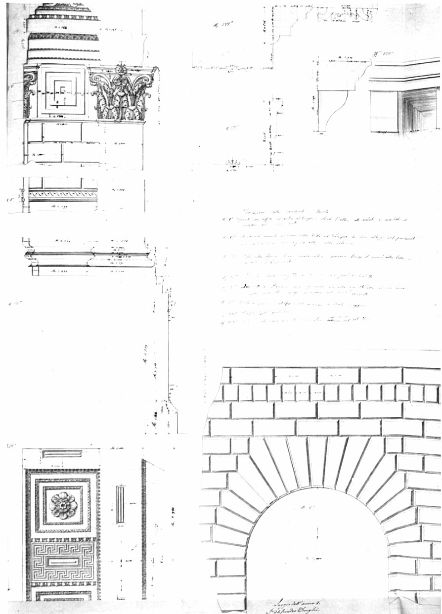 piante, prospetti, sezioni, architettura: Foro di Augusto e Tempio di Marte Ultore (disegno, opera isolata) di Donghi Alessandro (sec. XIX)